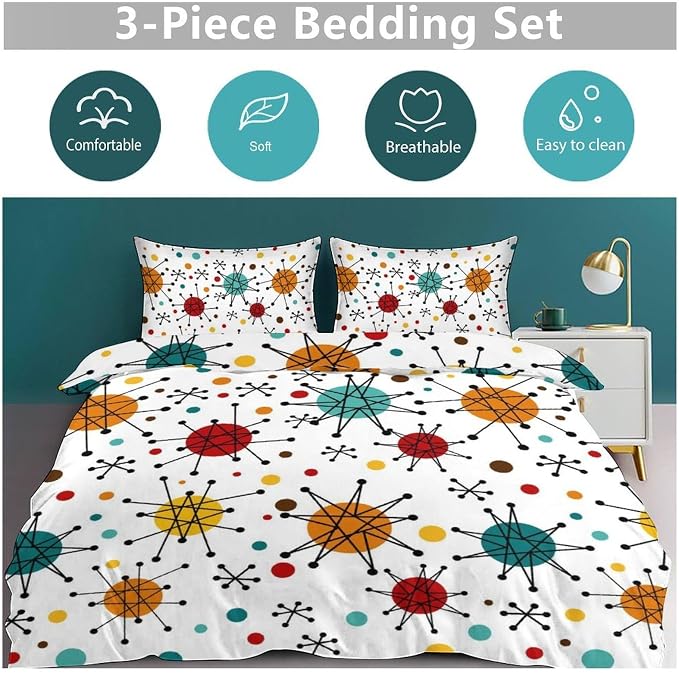 Mid Century Bedding Set,Modern Geometric Atomic Abstract Iconic Pattern 1950s 1960s Retro Style Comforter Set with Pillowcase for Bedroom Bed Decor，Twin 86"x70"