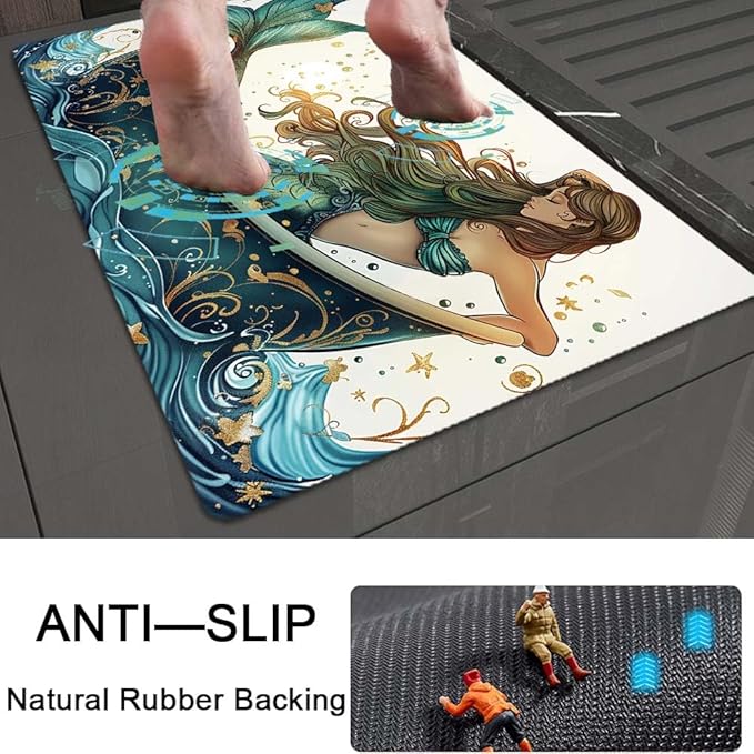 Bath Mat Rug,Beautiful Mermaid Non Slip Quick Dry Super Absorbent Thin Bathroom Rugs Fit Under Door-Easy to Clean Bathroom Floor Mats-Shower Rug for Shower Sink Bathtub(16" x 24"in)