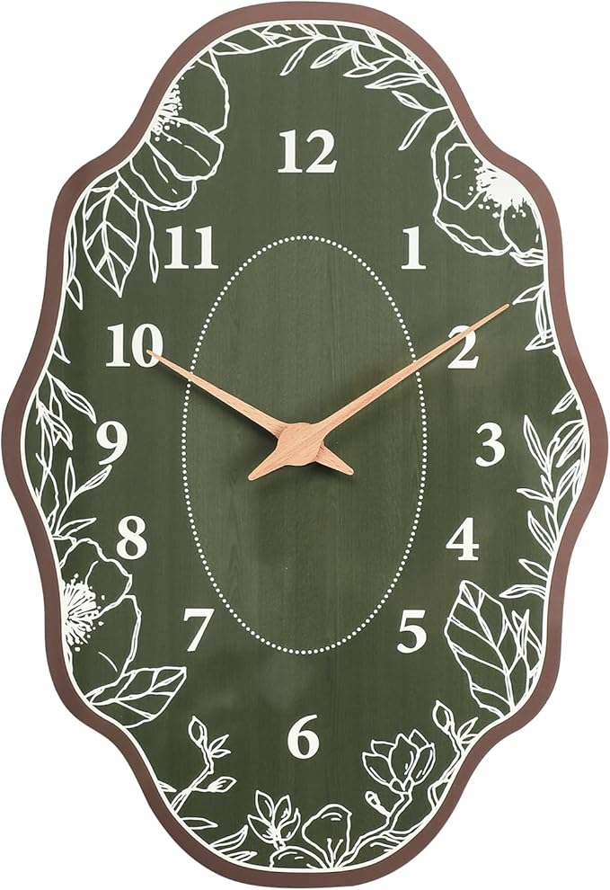 Mid Century Retro Irregular Shape Wall Clock, Silent Non-Ticking Battery Operated, 14 x 9 Inch Vintage Boho Green Art Clock for Living Room, Bedroom, Entryway, Mantel Decor