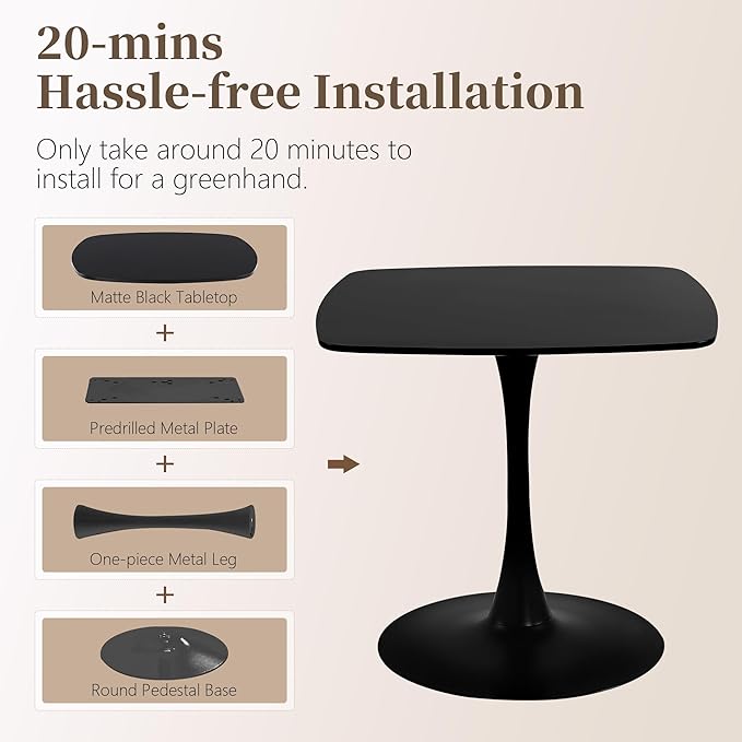 Black Square Dining Table,31.5" Tulip Table with Metal Pedestal,15-Minute Quick Assembly,Mid Century Modern Leisure Table for Kitchen Small Places Cafe (Black)