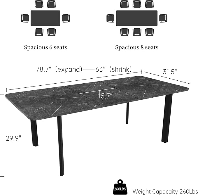 Extendable Dining Table for 6-8 People, 63 to 78.7 Inch Rectangular Table, Dark Grey MDF Kitchen Table with Sturdy Metal Legs, Space-Saving for Dining Room, Breakfast Nook, Small Spaces
