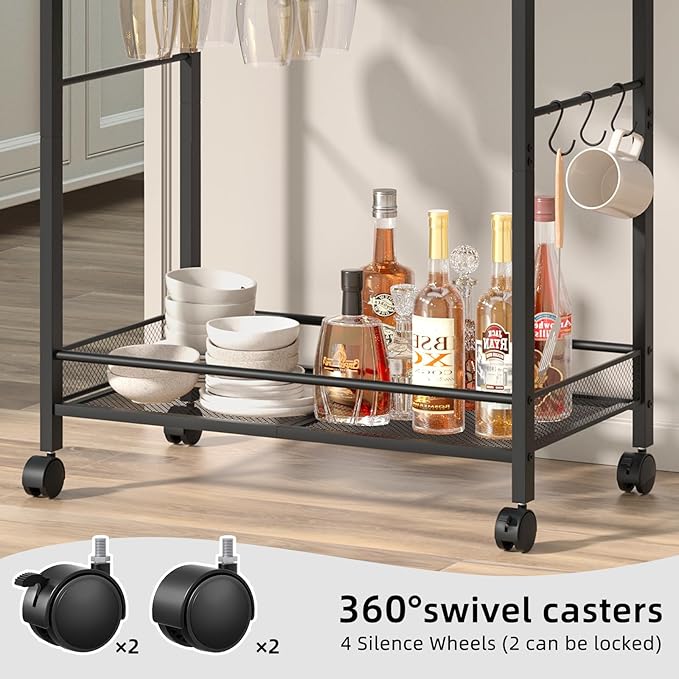 Bar Cart, Home Bar Serving Cart with 2-Tier Shelf,Rolling Beverage Cart with Wheels,Mobile Kitchen Shelf,Modern Black Wine Drink Cart with Wine Rack and Glass Holder for Kitchen,Dinning Room