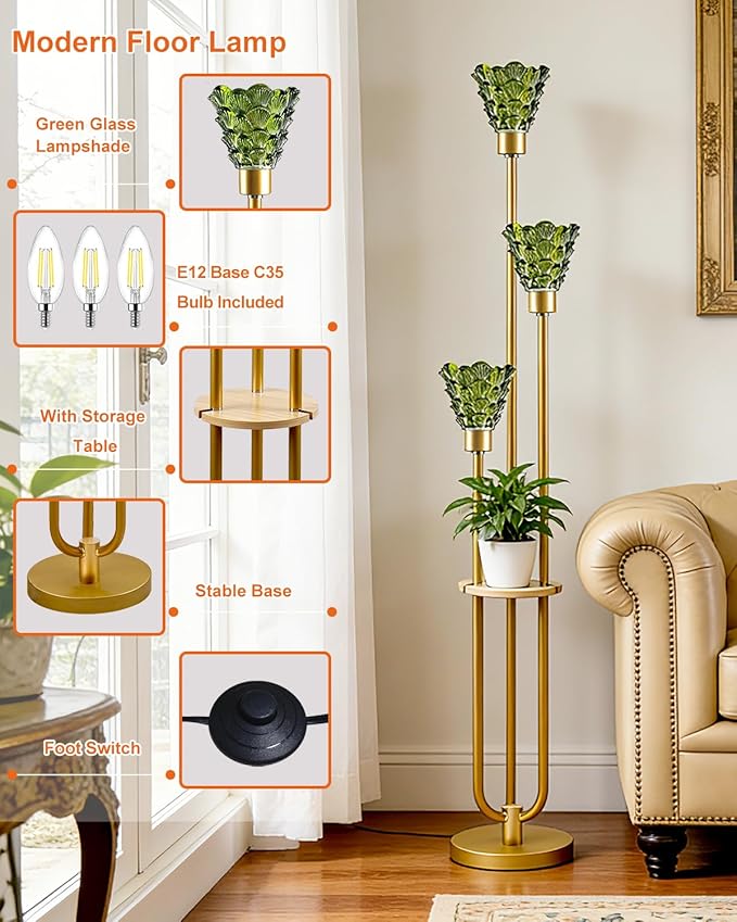 Lightdot Green Glass Floor Lamp with Shelf, 63IN Mid Century Modern Gold Standing Lamps with 3 3000K Soft Warm White Bulbs Included, Floor Lamp with 5Lbs Heavy Base for Living Room/Wedding/Office