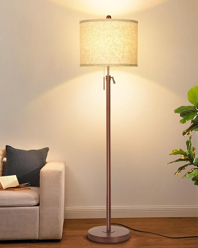 Qingmiao Metal Brown Floor Lamp for Living Room, Adjustable Height Standing Lamp, Pole Light for Bedroom, with Linen Shade and Metal Base, Pull Chain Switch, 3-Way 8W LED Bulb Included