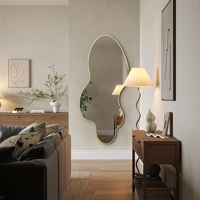 Irregular Wall Mirror, 55"x26" Asymmetrical Decorative Accent Mirror with Gold Metal Frame, Large Organic Shape Mirrors for Entryway Bedroom Living Room, Horizontal or Vertical Hanging