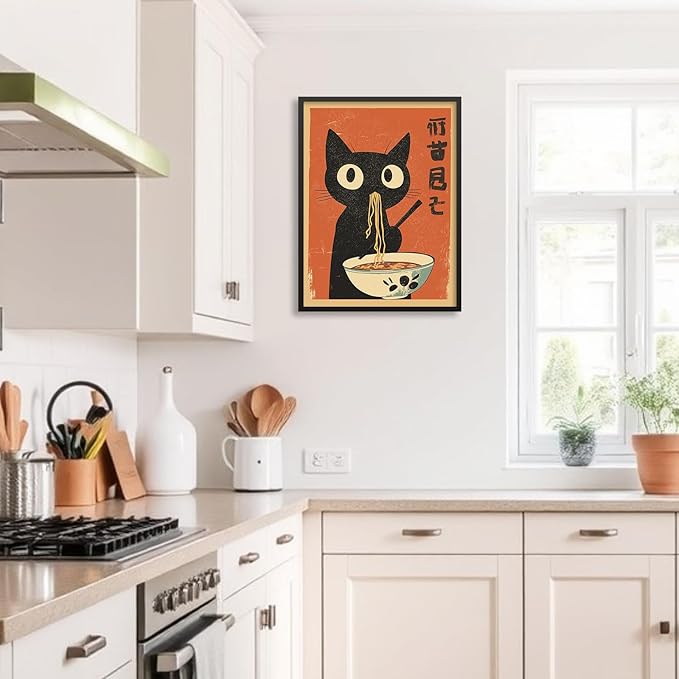 Funny Black Cat Eat Ramen Noodles Poster Vintage Japanese Kitchen Food Wall Art 08x10 inch Black Framed Whimsical Cute Animal Canvas Prints for Restaurant Wall Decor