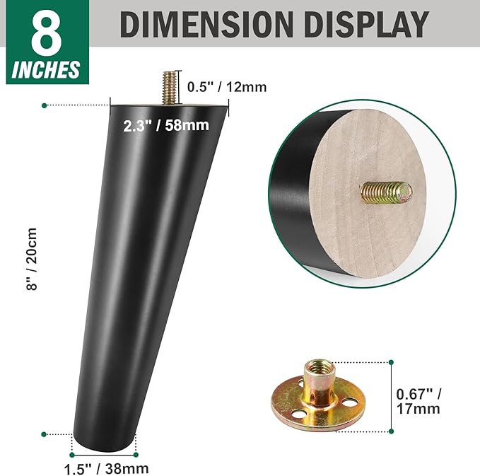 FoDau770 Black Rubber Wood Furniture Legs 8 Inches, Slant Tapered Wood Feet Mid Century Sofa Legs Set of 4, 5/16" UNC Furniture Feet Replacement Parts for Cabinet Couch Dresser Chair Ottoman Table