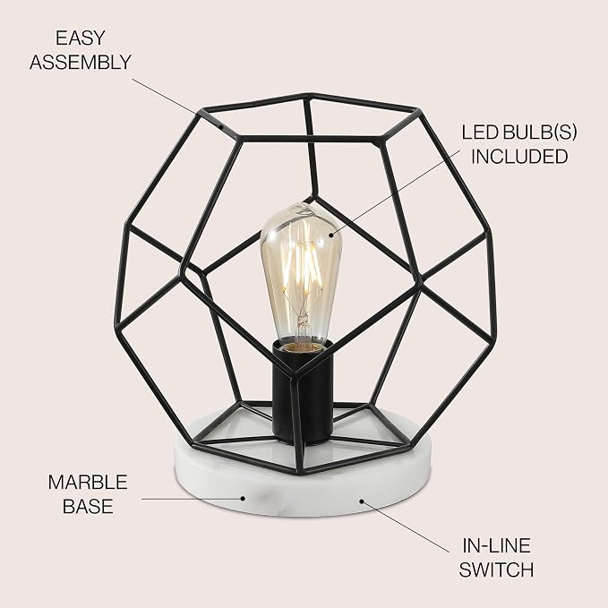 JONATHAN Y 10" Black/White Geometric Table Lamp, Midcentury Modern Metal Desk Lamp for Living Room Bedroom, White Marble Base, Glam Bedside Nightstand Light with LED Bulb (JYL1047C)