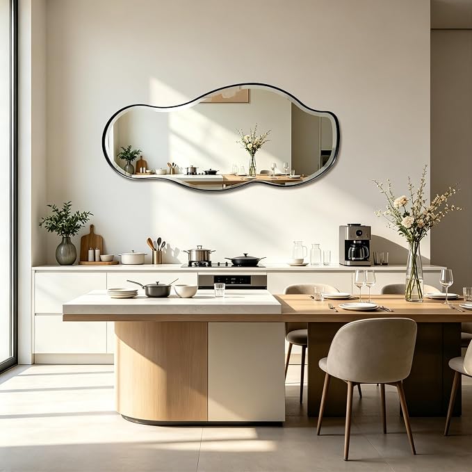 POZINO Large Irregular Beveled Mirror, 53"x24" Asymmetrical Vanity Wall Mirror with Metal Frame, Organic Shape Mirrors for Entryway Living Room Bedroom Bathroom, Horizontal/Vertical Hanging