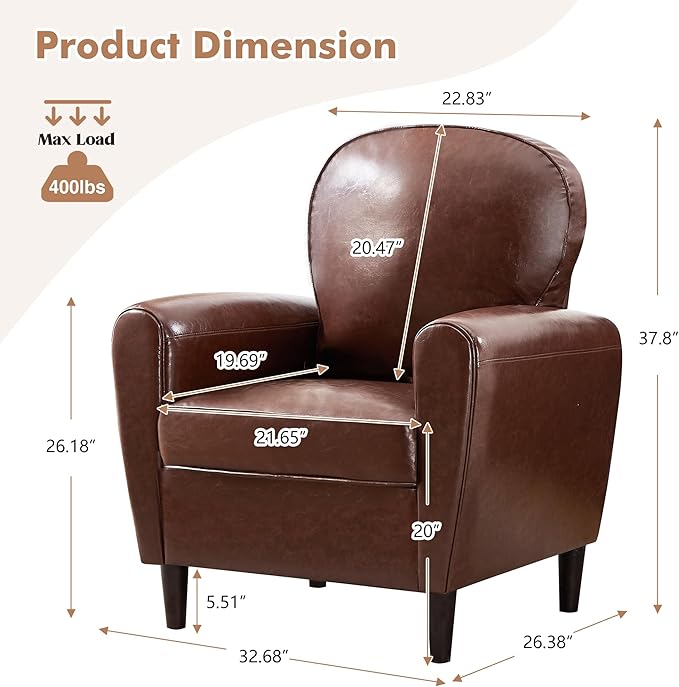 Mid Century Accent Chair, Modern Faux Leather Arm Chair, Comfy Upholstered Reading Chairs Single Sofa Chair for Living Room, Bedroom, Club, Brown