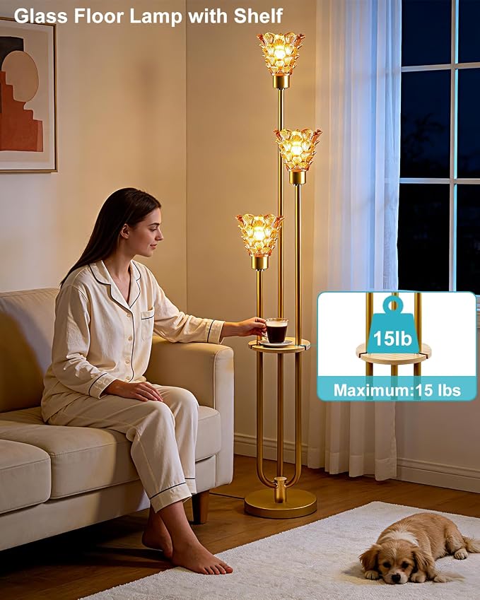 3-Light Modern Glass Floor Lamp with Shelf, Gold Tall Standing Lamp with Amber Flower Glass Shade, LED Floor Lamp with Foot Switch& 5Lbs Heavy Base for Living Room Bedroom, Bulb Included