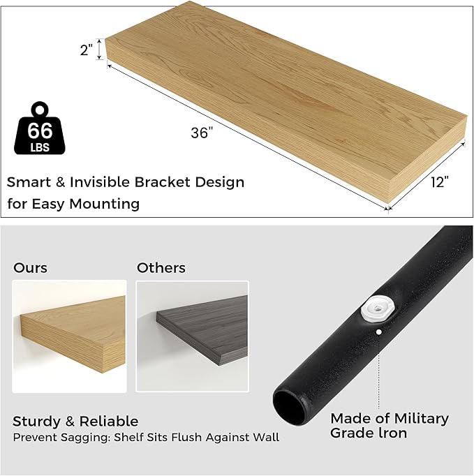 Floating Shelves for Wall, 36" W x 12" D x 2" H, 2 Pack of Long Wall Mounted Engineered Wood Shelves with Invisible Brackets for Living Room, Bedroom, Bathroom, Kitchen Decor, Oak