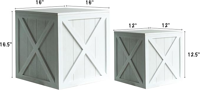 COLLECTIVE HOME - Wood Storage Ottoman, Rustic Storage Stool, 2 Pack Cube Seat Foot Rest Stool, Accent Side Table, Metal Storage Bin for Living Room Furniture, 16"/12" (White, barn Door)