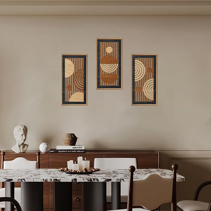 IARTTOP Geometric Wood Framed Wall Art Set of 3 Mid Century Modern Wooden Wall Decor Minimalist Abstract Art Prints Geometric Line Panels Decor for Living Room Bedroom Office 8 x16 Inch