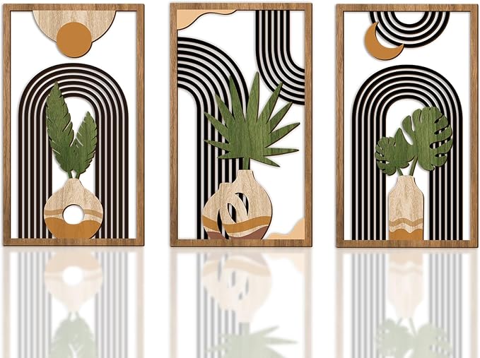 Bnesi 3 Piece Abstract Boho Wall Art Decor Minimalist Modern Wooden Wall Art Mid-Century Modern Wall Art Set of 3 Wall Decor for Living Room Bedroom Bathroom Kitchen (Boho, Medium)