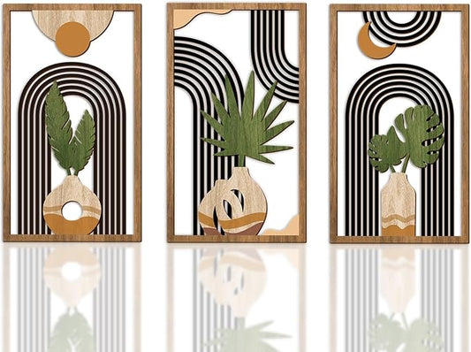 Bnesi 3 Piece Abstract Boho Wall Art Decor Minimalist Modern Wooden Wall Art Mid-Century Modern Wall Art Set of 3 Wall Decor for Living Room Bedroom Bathroom Kitchen (Boho, Medium)