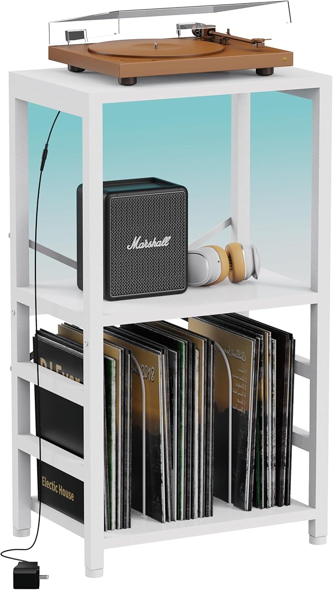 YAKANJ End Table with LED Light,Record Player Stand with Albums Storage,Vinyl Records Storage,Turntable Stand Side Table for Music Room Studio Living Room Bedroom-Rustic White