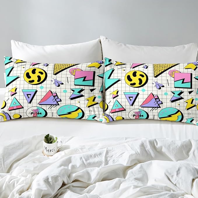 80s 90S Fashion Style Bedding Set Queen Size,Retro Memphis Style Pattern with Geometrical Shapes Duvet Cover for Kids Child,Funky Hipster Old Fashioned Comforter Cover Geometric Bedroom Decor