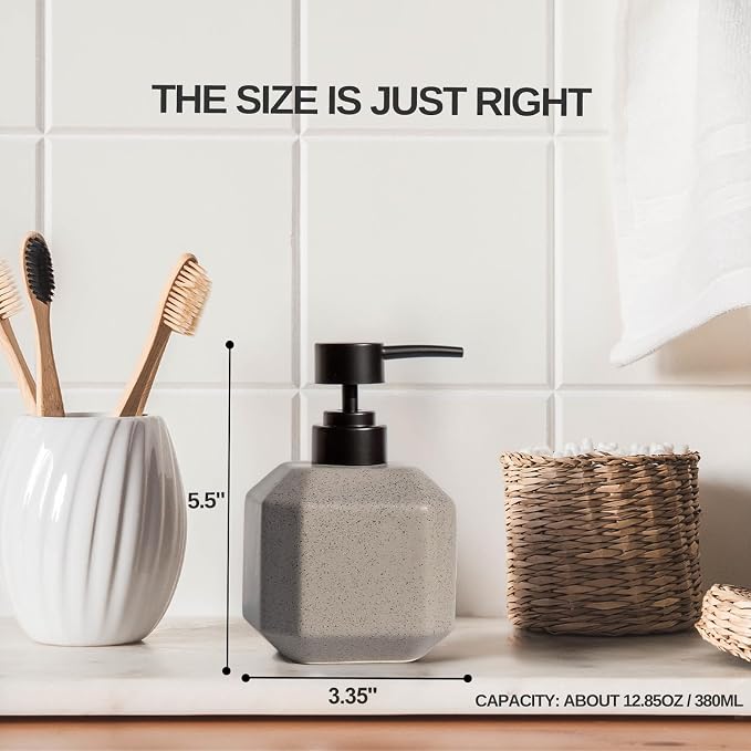 LuxFlowing Elegant Ceramic Soap Dispenser with Pump, Small, Cute and Simple Style, Ideal for Bathroom Hand Soap and Kitchen Dish Soap (Grey)