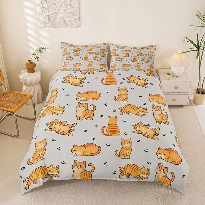 Erosebridal Cats Toddler Duvet Cover Cute Kitten Bedding Set Cartoon Pets Animals Comforter Cover for Kids Girls Boys Adults Paw Print Bed Set