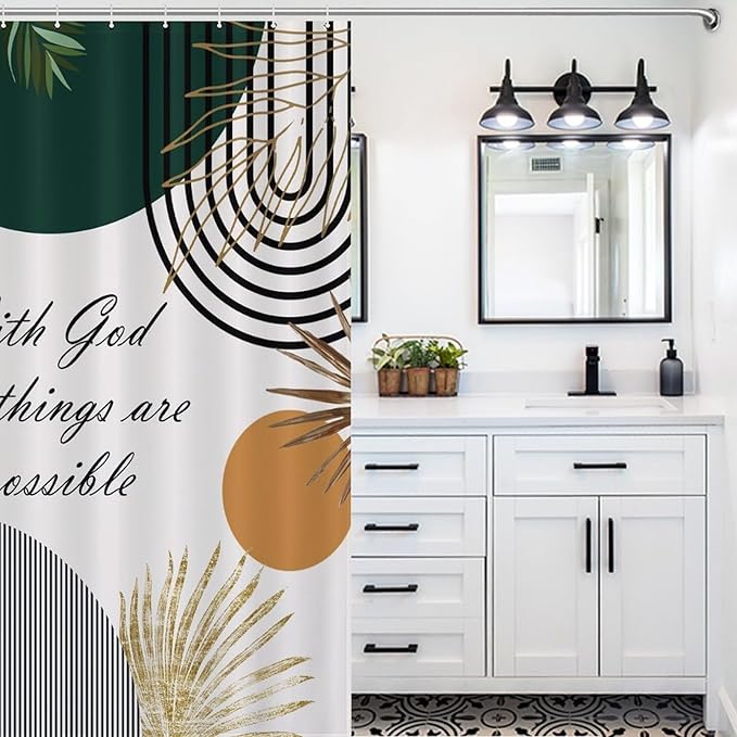Boho Bible Verse Shower Curtain Abstract Christian Quotes Mid Century Gold Leaves Minimalist Arch Scriptures Washable Waterproof Fabric for Bathroom Decor Bathtub with 12 Hooks 55x72in（140x183cm）