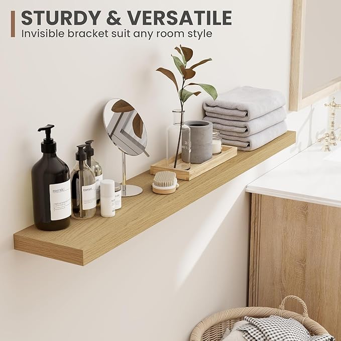 55 Inch Floating Shelves, 8 Inch Deep Floating Shelves for Wall, Hanging Shelf with Invisible Brackets, Deep Shelves for Bathroom, Bedroom, Living Room, Oak, Set of 2