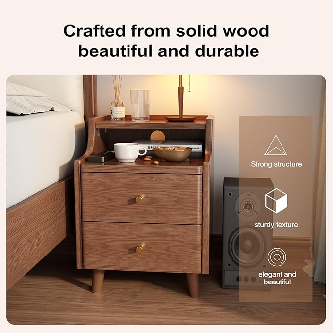 Narrow Nightstand with 2 Drawers,Walnut Nightstand,Bedside Table,Solid Wood Modern Bedside Table for Bedroom,Study,Toilet