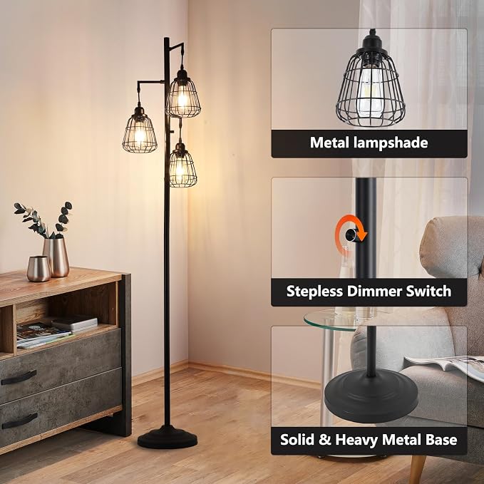 9MMML 68” Living Room Floor Lamp, Industrial Farmhouse 3 Teardrop Cage Standing Lamp,Black Tall Floor Lamp for Bedroom Office, 3 LED Edison Bulbs Included