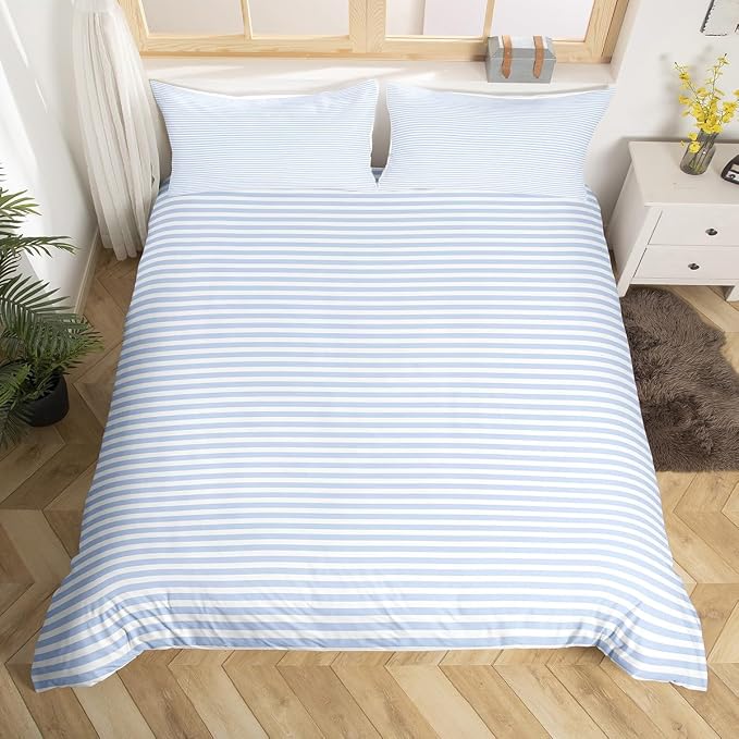 Erosebridal Blue White Stripe Duvet Cover Queen Geometric Striped Bedding Set for Kids Teens | Farmhouse Ticking Stripes Bedspread Cover Horizontal Stripes Modern Abstract Bed Set with 2 Pillow Cases