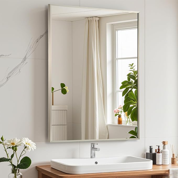 Brushed Nickel Bathroom Mirror, 30"x36" Rectangle Mirror, Brushed Mirror, Metal Frame Square Corner Vanity Mirror, Wall Mounted Mirror for Modern, Living Room, Bedroom, Horizontal Or Vertical