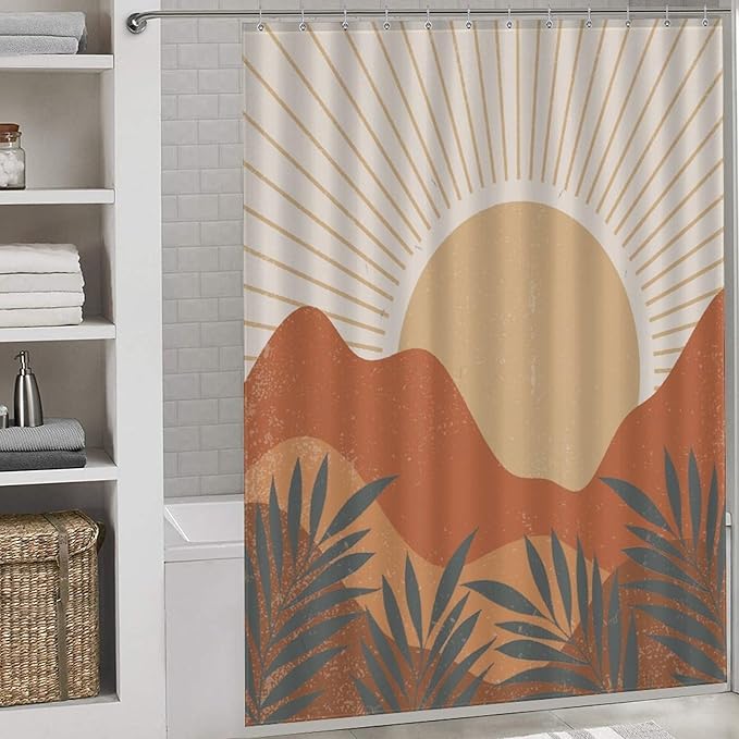 Mid Century Boho Sunset Shower Curtains Vintage Farmhouse Abstract Plant Mountain Sunset Washable Waterproof Fabric for Bathroom Decor Bathtub with 12 Hooks 66x72in（168x183cm）