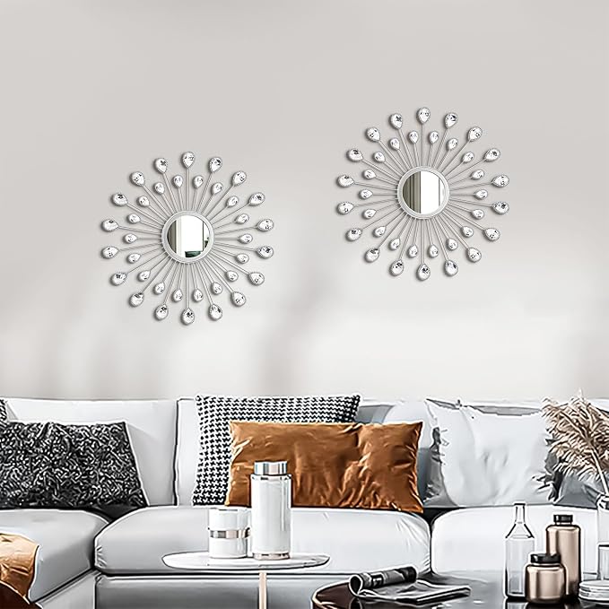 2 Pack Metal Mirrors for Wall Boho Sunburst Wall Mirror Home Decor Modern Decorative Wall Art for Bedroom Living Room Entryway