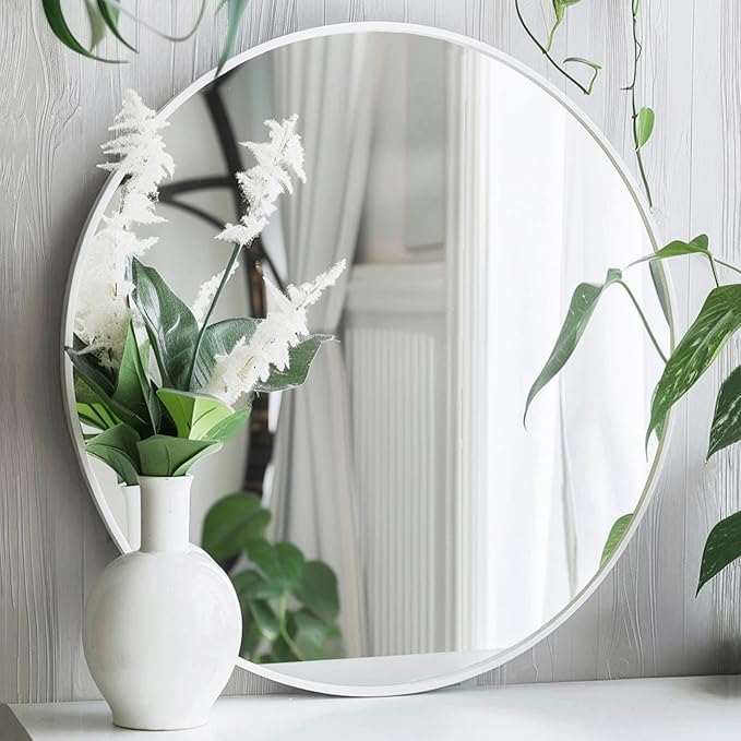 Sunniry White Round Mirror 22 inch, Bathroom Mirror Matte Metal Frame, Circle Mirrors for Living Room, Bathroom, Wall, Hallway.