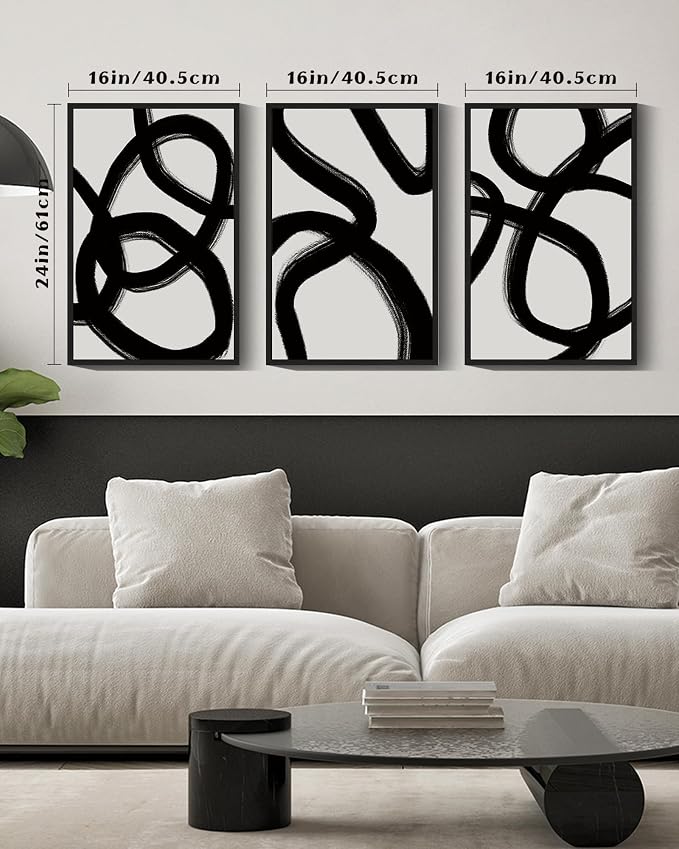 Drsoum Lager 16x24in Black and Gray Abstract Framed Wall Art Decor Duotone Minimal Dark Brush Stroke Prints Shapes Illustrations Modern Art Decorative Ready To Hang - Black Framed