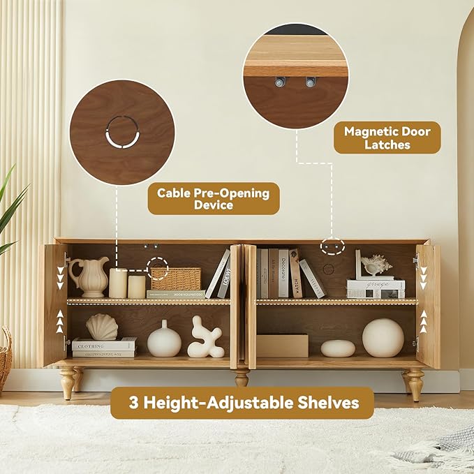 LKTART 62.99" Sideboard Buffet Cabinet with Storage, Solid Wood Kitchen Storage Cabinet Credenza Accent Console Table with Solid Wood Roman Legs Dovetail Door Trim Panel Ash Veneer,Natural Oak