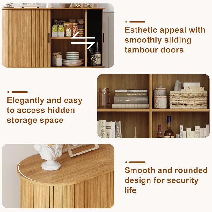 Fluted Sideboard Buffet Cabinet with Sliding Doors, Curved Edge Design for Dining Room Kitchen Living Room, Console Table Credenza with Storage (Natural)