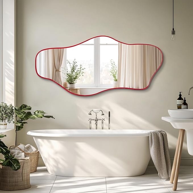 Large Irregular Wall Mirror, 63"x30" Red Asymmetrical Tempered Glass Mirror, Frameless Organic Shaped Mirrors for Entryway Hallway Bedroom Living Room, Horizontal or Vertical Hanging
