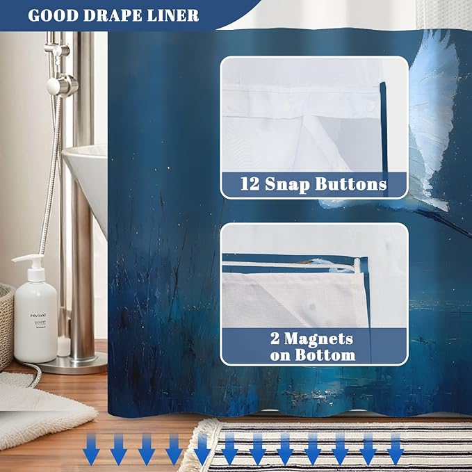 No Hook Shower Curtain and Liner Set, Flying Egret Coastal Bird Art Print - Navy Blue Waterproof Fabric Bath Curtain for Lake House Nature Inspired Bathroom Decor, Mesh Top, 71W x 74H
