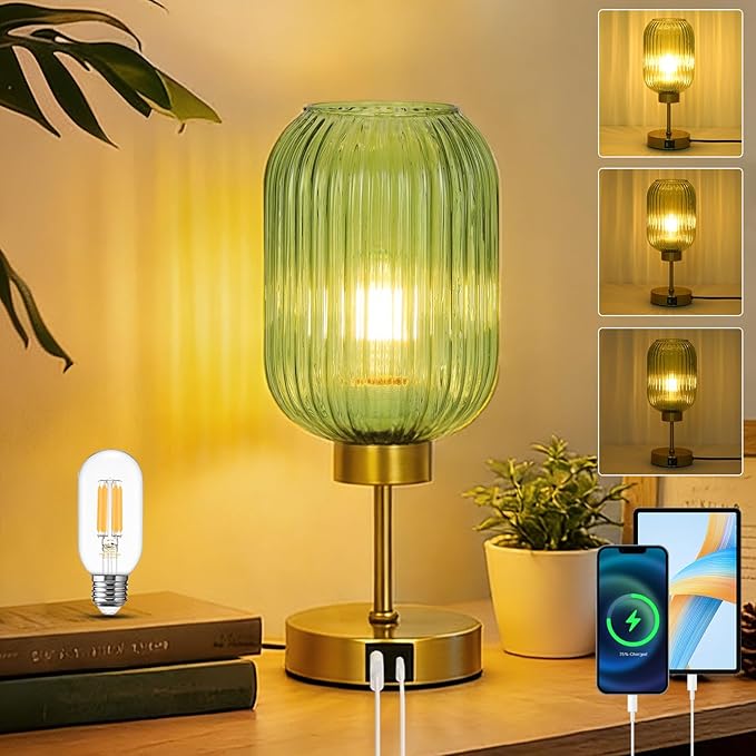 Vintage Table Lamp for Bedroom with Bulb, Small Green Glass Beside Lamp with USB Ports, 3 Way Dimmable Gold Desk Lamp, Mid Century Modern Nightstand Lamp for Living Room, Office, Home Decor