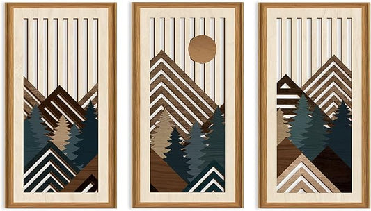 Celestdeco Boho Abstract Mountain Wood Wall Art Modern Geometric Artwork Bohemian Sun Forest Wood Wall Decor Mountain Tree Hanging Decor for Living Room Bedroom 7.9 x15.8 Inch