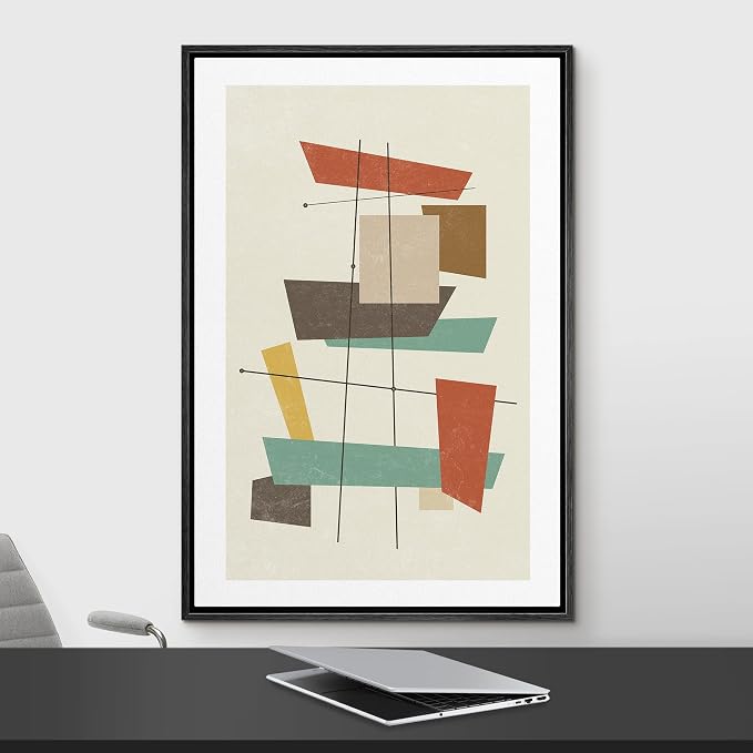 Woodrose Framed Canvas Print Wall Art Geometric Vintage Colorful Block Abstract Shapes Illustrations Modern Minimalist Chic Relax/Calm Multicolor for Living Room, Bedroom, Office - 16"x24" Black