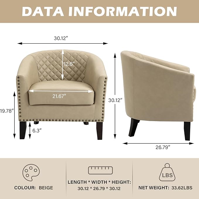 UIXE Faux Leather Accent Chair, Barrel Club Chair Upholstered Armchair for Living Room, Comfy Modern Round Arm Chair Bedroom Reading Seat - Beige