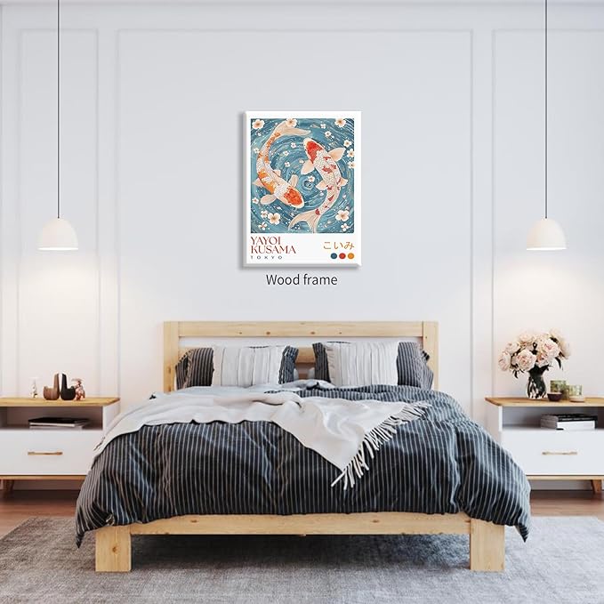 Light Blue Koi Fish Wall Art Japanese Yayoi Kusama Canvas Poster 12X16 inch Framed Modern Vintage Animal Aesthetic Paintings for Living Room Bedroom Dorm Wall Decor