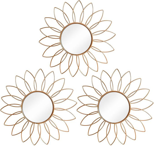 3 Pack Metal Mirrors for Wall Sunburst Wall Mirrors Home Décor Decorative Hanging Wall Art for Living Room Bedroom Entryway (Rose Gold2, Flowers)