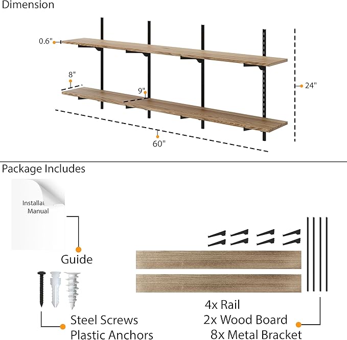 Wallniture Turin 60 Inch Long Adjustable Wall Shelf, Hanging Shelves for Wall, 8" Deep Black Floating Shelves, Living Room Shelf Decor, Office Wall Shelves, Kitchen Storage Shelves, Tier Shelf