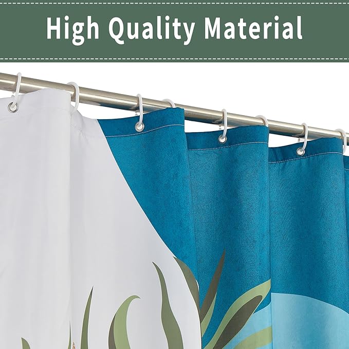 Boho Mid Century Shower Curtain, Light Blue Modern Minimalist Abstract Geometric Gold Plant Leaves Sun Arch Bathroom Curtains Waterproof Fabric Buthtub Curtain Set with Hooks 48" Wx72 L