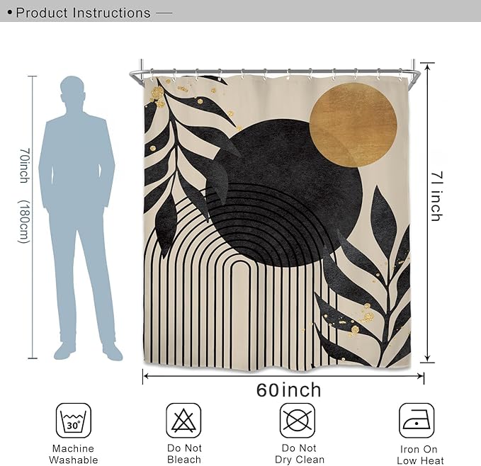 Miyotaa Abstract Minimalist Shower Curtain Set 60Wx71H Inches Modern Aesthetic Mid Century Contemporary Plant Leaves Geometric Neutral Waterproof Bathroom Curtain with 12 Hooks