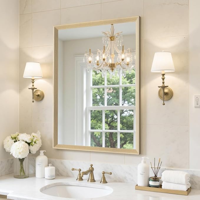 Oak Wood Effect Framed Wall Mirror, 22x30 Rectangle Mirror, Anti-desilvering Tempered Glass, Sustainable& Sturdy Frame, Anti-Rust, HD Reflection &3min Fast Setup for Bathroom Living Room