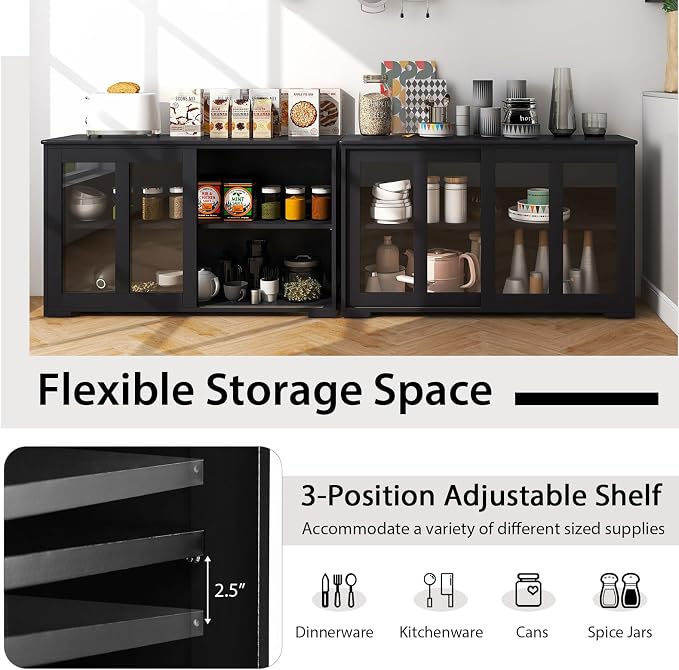 Byroce Sideboard Buffet Cabinet, Stackable Storage Coffee Bar Cabinet with Adjustable Shelf & Glass Sliding Doors, Wood Cupboard Credenza Console Table for Kitchen Dining Living Room (2, Black)
