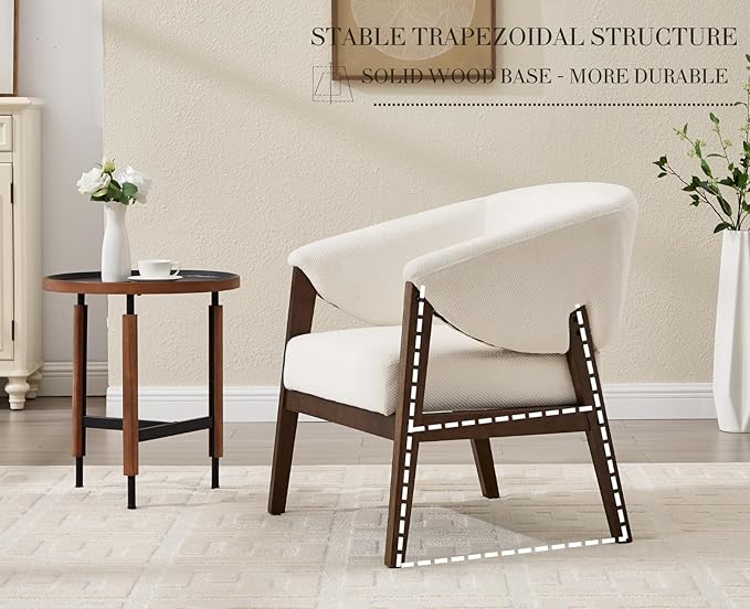 CIMOTA Mid-Century Modern Accent Chair, Comfy Barrel Armchair with Wide Seat, Upholstered Lounge Chair with Walnut Wood Legs for Living Room/Bedroom/Reading Corner, Chenille, Beige, 1PC